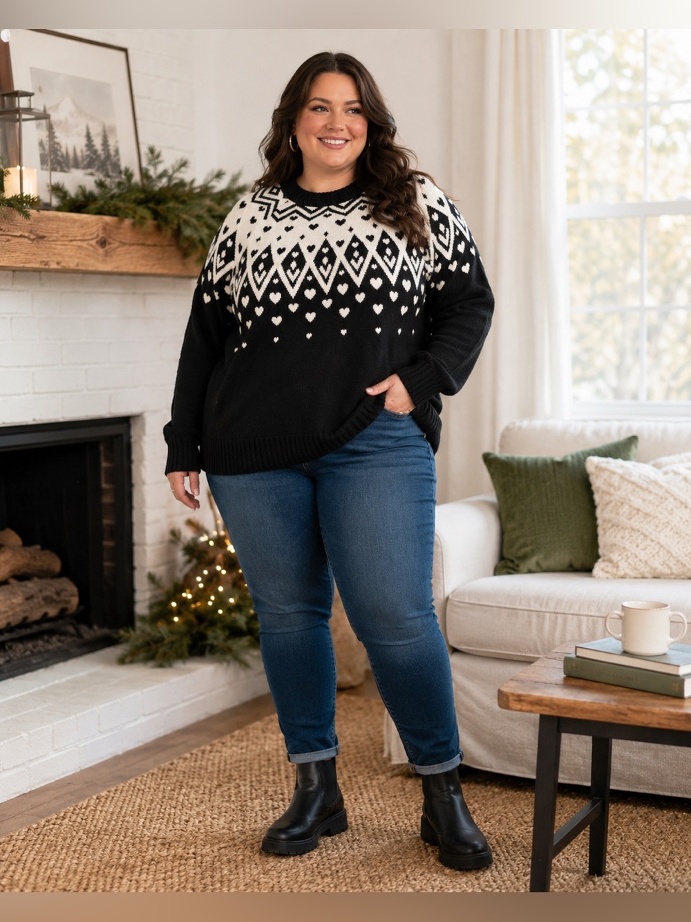 torrid Black and White Fair Isle Crewneck Sweater Size 1 Cottagecore Cozy